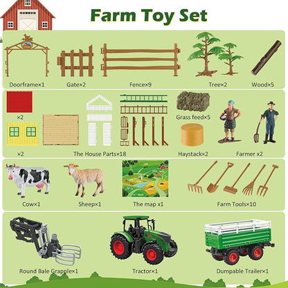 Farm Tractor Playset, 62 Pcs Farm Toy Set for Kids with 1/24 Tractor, Dumpable Traile, Bale Grapple, Big Barn, Farm Life Accessories, Map - Toys for 3+ Year Old Boys Girls
