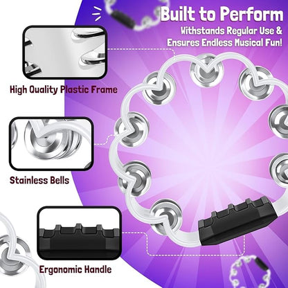 Flexzion Flower Tambourine - 8 Inch Handheld Percussion Instrument w/Metal Jingles & Ergonomic Grip - Small Tambourines for Adults, Kids, Church, Parties, & Musical Events (7 Color Pack)