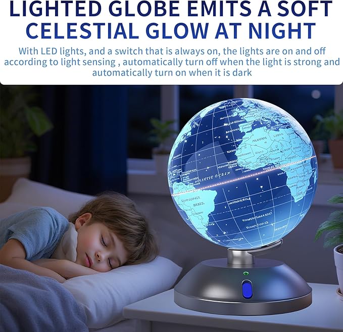 360° rotating globe, independently supported by a beautiful silver plastic base with a switch, 9-inch design, built-in LED night light, color high-definition visual map details, children's geography education, study and office decoration, living room d...