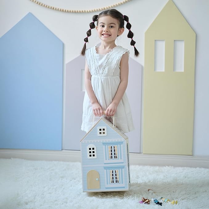 Olivia's Little World Folding Wooden Dollhouse – 3-Story Portable Playhouse with Furniture, Family Figures & Pet, Built-in Carry Handle, Compact Fold-Up Design Toy for Ages 3+