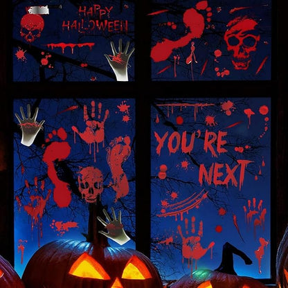 5 Sheets Halloween Window Cling Halloween Bloody Handprint Footprint Window Stickers Double-Side Blood Skull Blood Drop Window Stickers Bloody Handprint Stickers for Scary Party Decoration