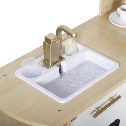 Large Wooden Corner Play Kitchen Sets with Real Running Water, 2 in 1 Water Dispenser with Ice Maker, Toy Tove with Light and Sounds for Toddlers, Preschoolers, Children Age 3+ Years
