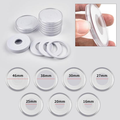 168 Pcs 46mm Coin Capsules Case with Foam Gasket, Plastic Storage Organizer Holder for Coin Collection Supplies, 7 Sizes (16/20/ 25/27/ 30/38/ 46mm) (Box Only)-White