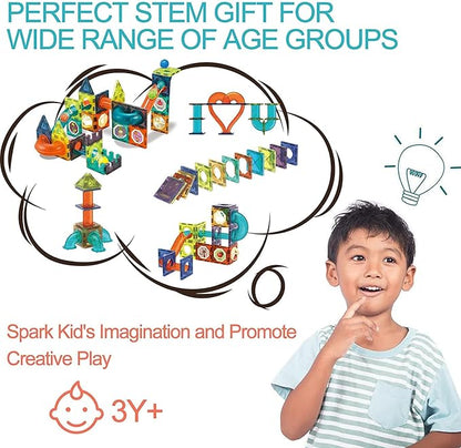 Unique Kids Magnetic Tiles Building Blocks with Marble Run - Engaging STEM/STEAM Toys for Boys and Girls - Perfect Christmas or Birthday Gift (75 pcs)