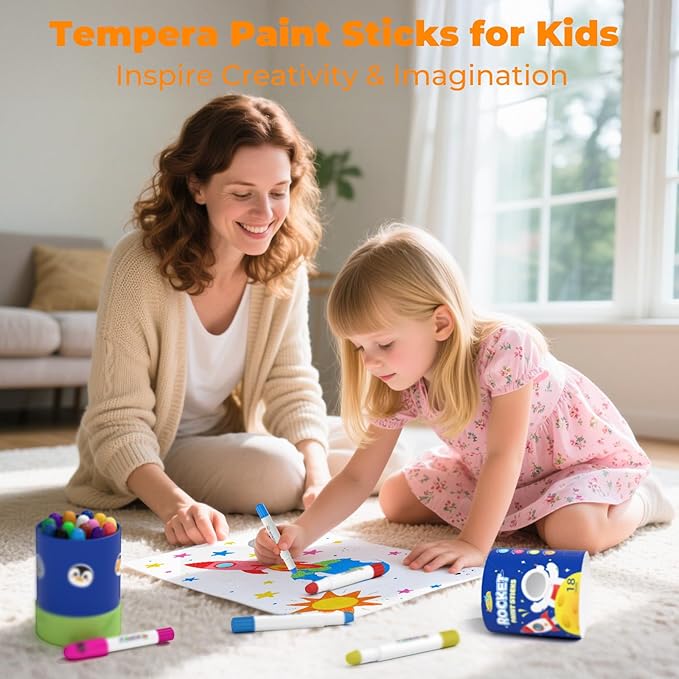 26 Colors Rocket Tempera Paint Sticks with 120 PDF Coloring Pages, Quick Drying, Non-Toxic and Washable Paint Sticks for Kids and Students, Art Supplies for Drawing on Paper and Canvas