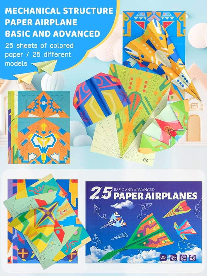 Zuplo Paper Airplane Kit, Paper Planes Book with 25 Classic Designs, 25 Sheets of Colored Origami Kit for Kids Ages 8-12, Airplane Gifts for Boys and Girls, Activity Books for Kids