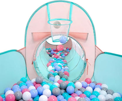 3 in 1 Pop Up Kids Play Tent with Tunnel and Ball Pit for Kids, Boys, Girls, Babies and Toddlers, Indoor/Outdoor Playhouse,Orange Pink/Light Green