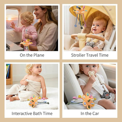 Silicone Baby Sensory Montessori Toys & Pull String Teething Toys for 6-12-18 Months, Toddler Birthday Gift Car Seat Airplane Travel Toy for 1 2 Year Old Boy Girl Infant 8 9 10 Months Old (Orange)