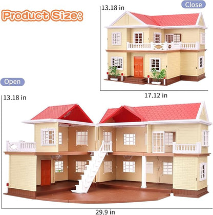 Family Cozy Cabin Doll House Playset, Dollhouse Furniture and Accessories,DIY Cottage Pretend Play Dollhouses, for Toddlers, Boys & Girls