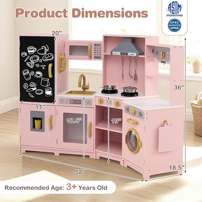 HONEY JOY Corner Play Kitchen, Large Wooden Pretend Toy Kitchen Set w/Lights, Ice & Coffee Maker, Range Hood, Chalkboard, Microwave, Cookware, Little Chef Kids Kitchen Playset for Toddlers (Pink)