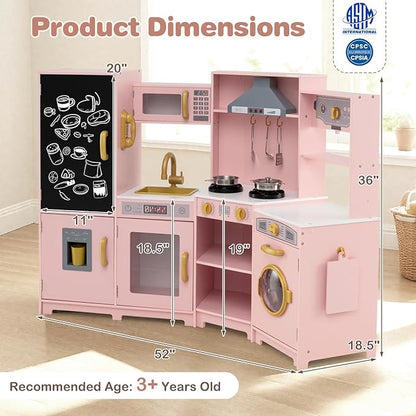HONEY JOY Corner Play Kitchen, Large Wooden Pretend Toy Kitchen Set w/Lights, Ice & Coffee Maker, Range Hood, Chalkboard, Microwave, Cookware, Little Chef Kids Kitchen Playset for Toddlers (Pink)