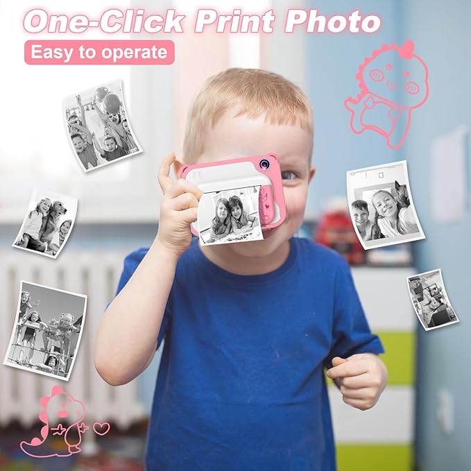 Kids Camera Instant Print, Dinosaur Kids Digital Toddler Camera,1080P with 32G SD Card, Kids Toy Birthday Gifts Portable Toy for 3-12 Year Old Girls Boys (Pink)
