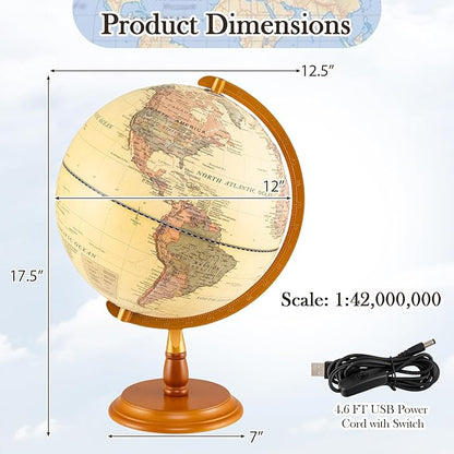 12" Illuminated World Globe, Desktop Globe with Raised Relief, LED Lights, Time Zone & Non-Slip Wooden Base, Geographic Terrain Globes for Decoration (Bronze)