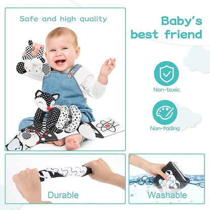 High Contrast Black and White Baby Toys 3-Piece Newborn Essentials Set with Hanging Toys,Rattle Crib Mobile,Baby Book & Car Seat Stroller Toys for 0-3-6-12 Months Infant Development