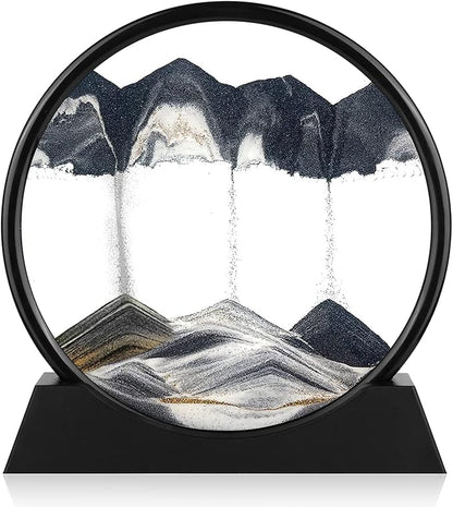 Moving Sand Art Picture - 3D Quicksand Painting Decor - Round Glass 3D Deep Sea Sandscape - Relaxing Home Decoration Desk Toys for Home Office Desk Mantle Bookshelf- (Black, 12 in)
