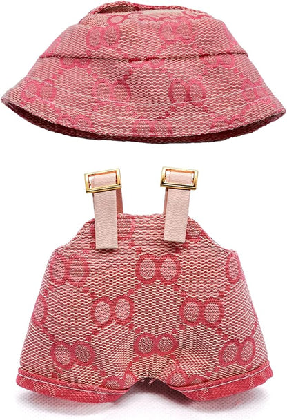 Clothes Compatible with Labubu 17cm Dolls, Premium Handmade Dolls Accessories with Chic Grid Hat & Clothes 2 Piece Set, High-End Fashion Outfit for Play & Display, No Doll, Pink