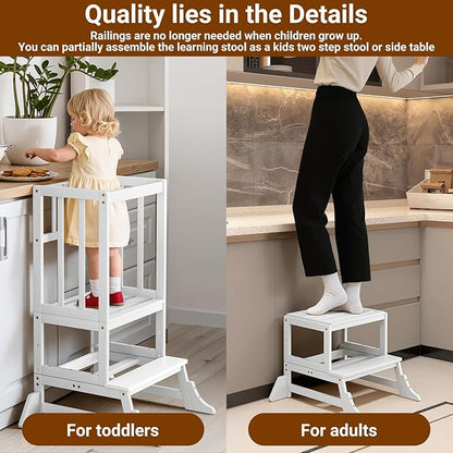 COSYLAND Height Adjustable Kitchen Stool for Toddlers – Portable Toddler Standing Tower for Learning and Cooking – Stable Kids Helper Tower with Stability Block for Kitchen Counter (White)