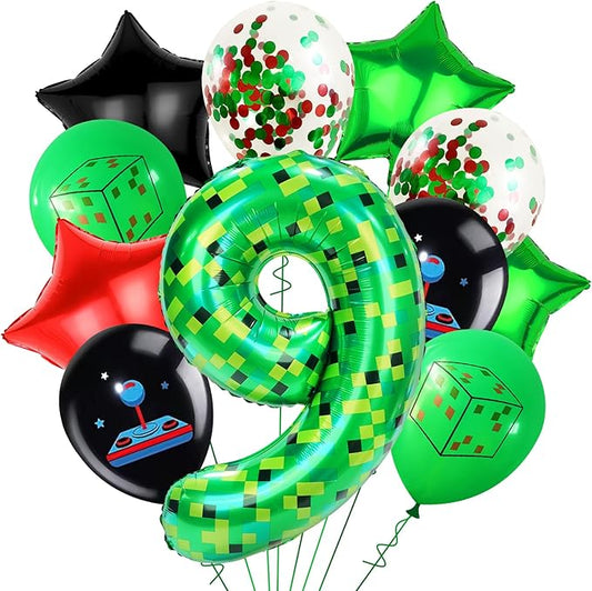 40in TNT Pixel Number 9 Balloon Birthday Decorations, Miner Theme Green Foil Balloons Blast Gaming Party Supplies