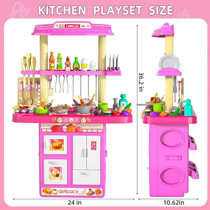 Pretend Play Kitchen Toys for Kid Ages 2-6 4-8, 2 Sided Kitchen Toys with Light, Sound and Spraying, Sink Toy Accessories, Cooking Stoves, Food Toys for Toddlers 1-3 3-5 Boys Girls 6-12 (Pink)