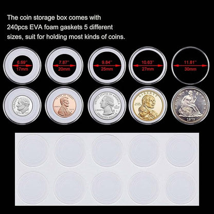 240 Pieces 30mm Coin Capsules Coin Holders for Collectors, with Foam Gasket and Plastic Storage Organizer Box, 5 Sizes (17/20/25/27/30mm) Coin Case for Coin Collection Supplies