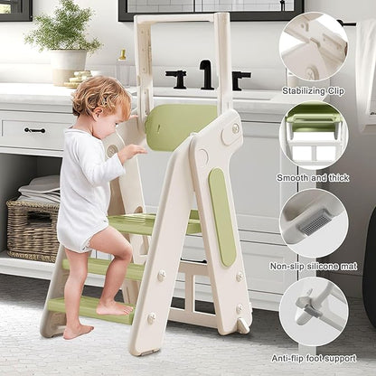 Toddler Tower Kitchen Stool Helper,Foldable/Adjustable Height Kids StandingTower Stool W/CPC Certification,for Kitchen Counter Bathroom Sink Cooking Child Ladder for Toddlers W/Safty Rail(Green White)