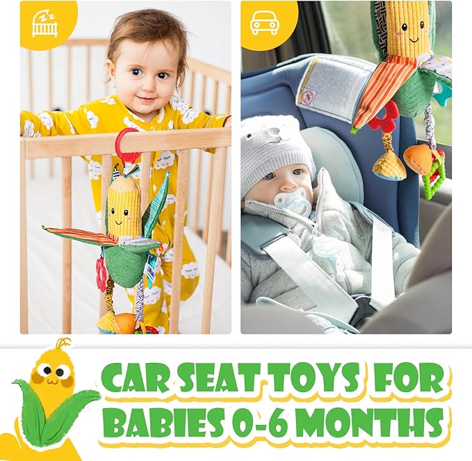 Hanging Rattles Crib & Car Seat Toys for Babies 0-12 Months with Crinkle, Squeaky & Teether, Sensory Corn Soft Stuff Stroller Toys for Newborns, Boys Girls Gifts
