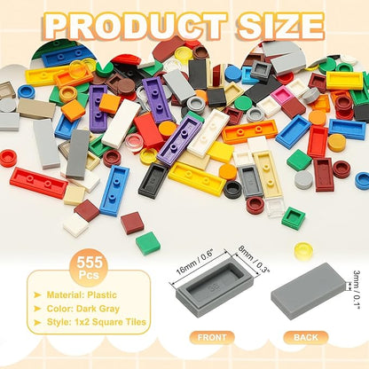 PATIKIL 555 Pcs Flat Blocks Bulk, 1x2 Square Dark Gray Classic Tiles Smooth Surface Mini Building Blocks Accessories Compatible Bricks Kits for Building Floor Walls Mosaic Pixel Arts