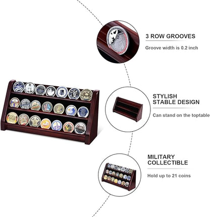 3 Rows Wooden Challenge Coin Wall Display Stand - Military Coin Holder Army Coins Rack, Holds 21-24 Coins, Mahogany