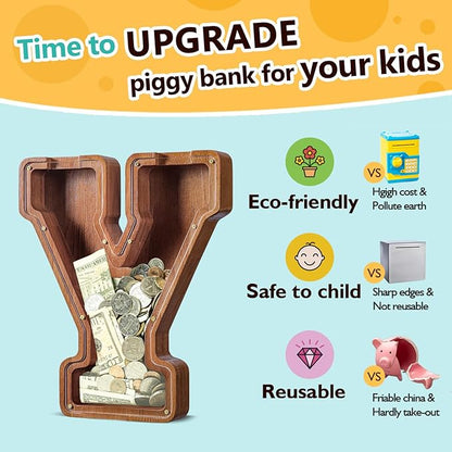 Summidate Customized Name Large Wooden Piggy Bank for Kids Boys Girls Alphabets Letter A-Z Coins Bills Money Change Bank Box Initial on Clear Cover (Laser Engraved) (Alphabet-Y, Personalized-12)