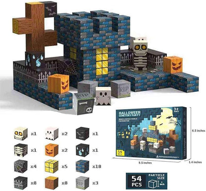 Halloween Themed Magnetic Blocks for Kids Skeleton Toys Spooky Town Building Kit Halloween Party Favors Gift for Children & Adults(1 inch)