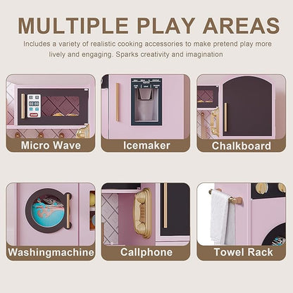 Treocho Play Kitchen for Kids, Wooden Toddler Kitchen Set with Storage, Modern Design Toy Kitchen with Faucet&Sink, Stove, Chalkboard, Icemaker and Various Accessories for Kids Ages 3+, Pink