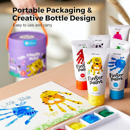 Jar Melo Washable Finger Paints for Toddlers, 12 Colors Large Capacity (2.1fl oz), Non Toxic Baby Paint for Hand and Feet, Safe Art Supplies, Preschool Learning Gifts for Kids Age 2+