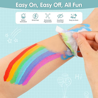 Face Painting Kit for Kids 24 Colors Water-Based Non-Toxic Face Paint Palette With Brushes&Stencils, Hair Chalk, Gems, Glitters, Crayon, Halloween Makeup Kit for Parties, Cosplay, Face Body Art