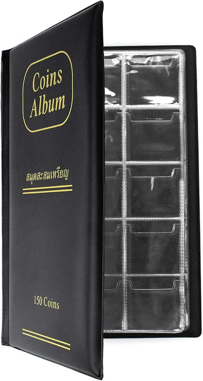 150 Pockets Coin Album, Penny Collecting Book, Souvenir Coins Collection Holder, Ideal for Pressed Pennies Passport, Hobby Coin Collector, Money Specie Display Storage Case (Black)