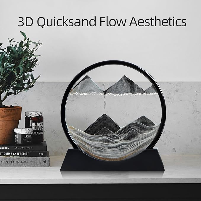 Moving Sand Art Liquid Motion, 3D Deep Sea Sandscape Color Quicksand Decor, Round Glass Moving Sand Art Picture Relaxing Desktop Home Office Work Decor (Black, 12 inch)