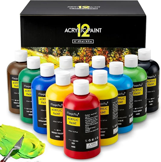 Magicfly Acrylic Paint 12 Colours/473ml, Large Bottles Acrylic Paint Set Rich Pigment Colours for Artists, Beginners, Amateurs on Glass, Stone, Canvas, Wood, Craft