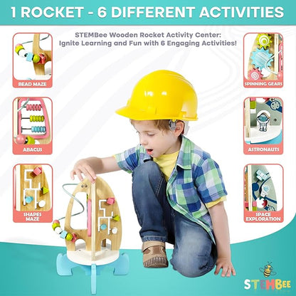 Space Rocket Wooden Activity Cube for Toddlers 1-3 - Includes Colorful Bead Maze for Montessori Sensory Development. Fun Toy Activity Center for Baby Boys & Girls. Excellent First Birthday Gift