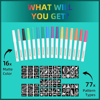 Temporary Tattoo Metallic Markers for Skin,16-Count Body Markers+77 Large Tattoo Stencils of Assorted Colors for kids and Adults,Flexible Brush Tip, Bright colors, Skin-Safe*,Cosmetic-Grade.