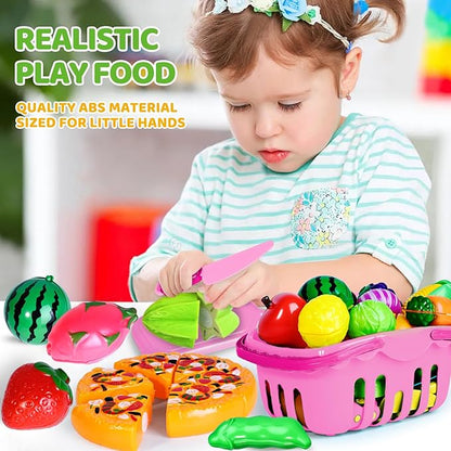 Shemira 100 PCS Cutting Play Food Toy for Kids Kitchen, Pretend Food Toys for Toddlers, Play Kitchen Toys Accessories with 2 Baskets, for 3 4 5 Years Old Boys Girls, Pink