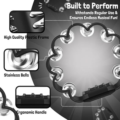 Flexzion Flower Tambourine - 8 Inch Handheld Percussion Instrument w/Metal Jingles & Ergonomic Grip - Small Tambourines for Adults, Kids, Church, Parties, & Musical Events (Black)