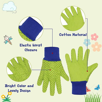 HANDLANDY 4 Pairs Kids Gardening Gloves, Girls Boys Children Garden Work Play Gloves (Green Dot, Small)