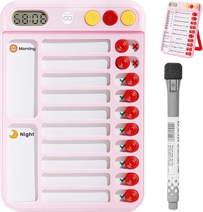 Magnetic Chore Chart for Kids with Time Timer, 99-Min Countdown/Up Visual Timer, Dry-Erase Reward Chart with Sliders, to Do List & Routine Checklist, Visual Schedule Board for ADHD & Autism (Pink)