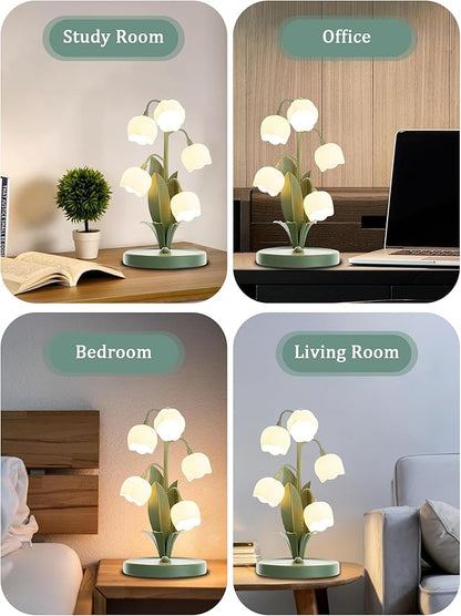 Green Flower Lamp for Home,Bedside Vintage Table Lamps,5 Lily of The Valley Reading Lights,3 Colors Modes Kawaii Bedside Lamp Decor,with G4 Bulb Nightstand Light for Living Room Office Bedroom