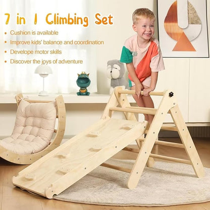 Pikler Triangle Set with Cushion, 7 in 1 Toddler Climbing Toys Indoor, Montessori Foldable Climbing Set, Wooden Climbing Toys for Toddlers 1-3 Inside with Ramp, Arch and Ladder (Nature Wood)
