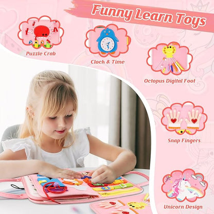 Montessori Busy Board & Busy Book for Toddler – Educational Toys for 3 Year Old Girls, Sensory Activity Board, Fine Motor Skills Learning Gift