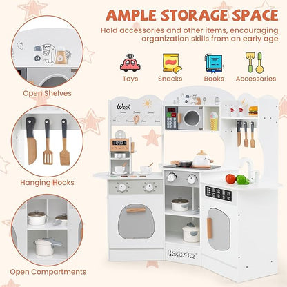 HONEY JOY Corner Play Kitchen, Toddler Wooden Toy Kitchen Set w/Lights, Coffee Maker, Microwave, Sink, Faucet, Little Chef Pretend Play Kids Kitchen Playset for Boys Girls (White)