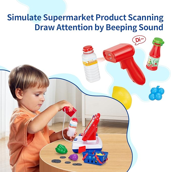 FS Toy Cash Register for Kids with Scanner, Play Money, Credit Card, Shopping Basket, Pretend Play Toys for Toddler 3-5-7 Years Old Boys and Girls Preschool Learning Activities, 57 Pieces Play Set