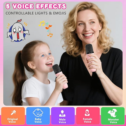 Mgaolo Upgraded Mini Karaoke Machine Toy for Kids, Portable Bluetooth Speaker with 2 Wireless Mics, Emoji & Colorful LED Lights, Home Travel & Party Play Gifts for Boys Girls (Pink)