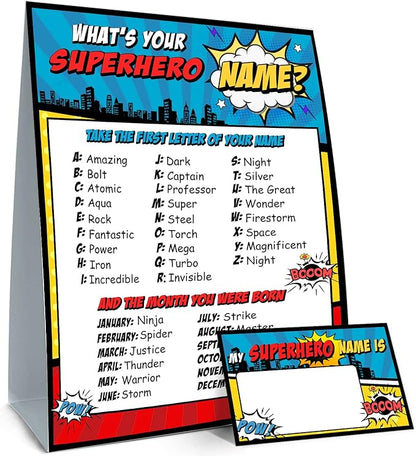 What is Your Superhero Name Game, Game Sign and 30 Cards, Superhero Birthday Party Sign for Boys, Holiday Activity, Kids Superhero Activity Cards, Superhero Activity Decoration Supplies