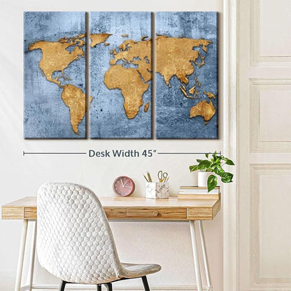 ElephantStock Azure World Map Wall Art Multi Piece Canvas - 3 Panel Wall Decor - Map of the World Art - Canvas for the Office and Home - 45" X 28"